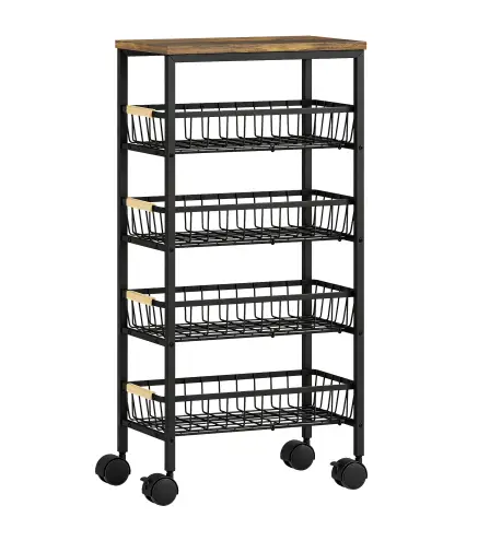 Carrito Auxiliar con Ruedas 4 Cestas Extraíbles Carga 15 kg Marco Metálico para Comedor 40x24x81,5 cm Marrón Rústico