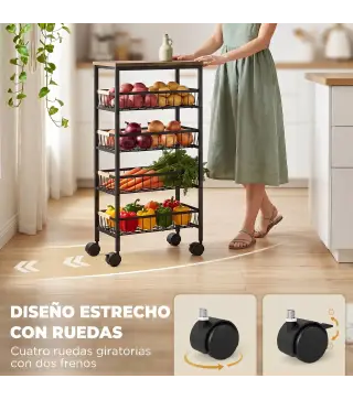 Carrito Auxiliar con Ruedas 4 Cestas Extraíbles Carga 15 kg Marco Metálico para Comedor 40x24x81,5 cm Marrón Rústico