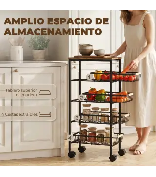 Carrito Auxiliar con Ruedas 4 Cestas Extraíbles Carga 15 kg Marco Metálico para Comedor 40x24x81,5 cm Marrón Rústico