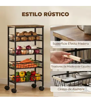 Carrito Auxiliar con Ruedas 4 Cestas Extraíbles Carga 15 kg Marco Metálico para Comedor 40x24x81,5 cm Marrón Rústico
