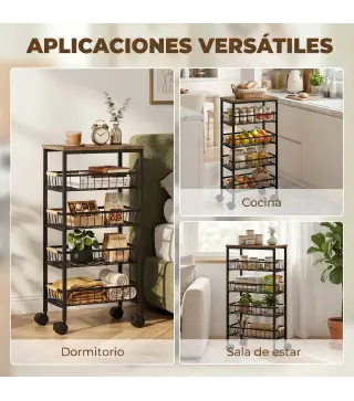 Carrito Auxiliar con Ruedas 4 Cestas Extraíbles Carga 15 kg Marco Metálico para Comedor 40x24x81,5 cm Marrón Rústico