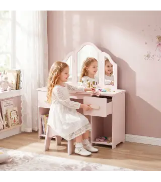 Tocador de Maquillaje Infantil con Taburete 3 Espejos 2 Cajones 7 Accesorios +3 Años Rosa