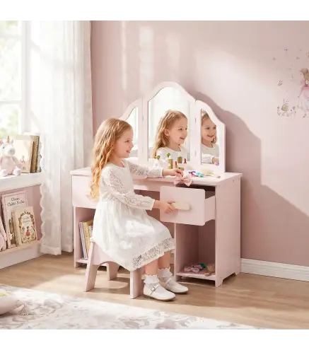 Tocador de Maquillaje Infantil con Taburete 3 Espejos 2 Cajones 7 Accesorios +3 Años Rosa