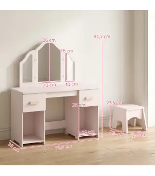 Tocador de Maquillaje Infantil con Taburete 3 Espejos 2 Cajones 7 Accesorios +3 Años Rosa
