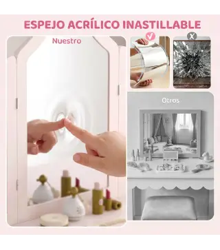 Tocador de Maquillaje Infantil con Taburete 3 Espejos 2 Cajones 7 Accesorios +3 Años Rosa