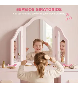 Tocador de Maquillaje Infantil con Taburete 3 Espejos 2 Cajones 7 Accesorios +3 Años Rosa
