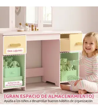 Tocador de Maquillaje Infantil con Taburete 3 Espejos 2 Cajones 7 Accesorios +3 Años Rosa