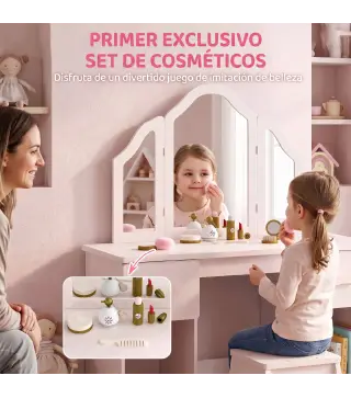 Tocador de Maquillaje Infantil con Taburete 3 Espejos 2 Cajones 7 Accesorios +3 Años Rosa