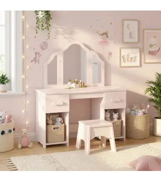 Tocador de Maquillaje Infantil con Taburete 3 Espejos 2 Cajones 7 Accesorios +3 Años Rosa
