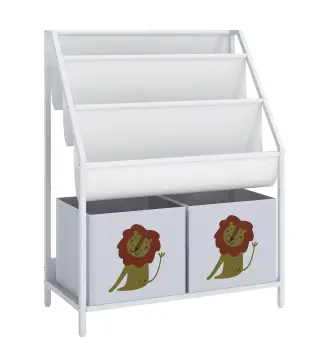 Librería Infantil de 4 Niveles Estantería para Libros con 3 Estantes 2 Cajones de Tela con Diseño de León Blanco