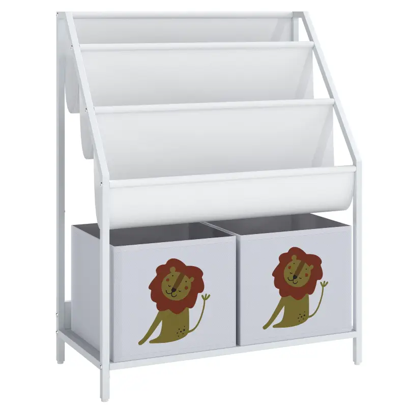 Librería Infantil de 4 Niveles Estantería para Libros con 3 Estantes 2 Cajones de Tela con Diseño de León Blanco Librería Infantil de 4 Niveles Estantería para Libros con 3 Estantes 2 Cajones de Tela con Diseño de León Blanco