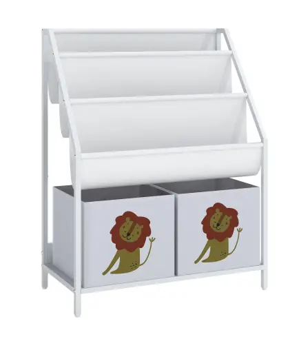 Librería Infantil de 4 Niveles Estantería para Libros con 3 Estantes 2 Cajones de Tela con Diseño de León Blanco