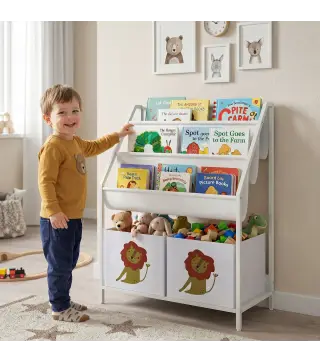 Librería Infantil de 4 Niveles Estantería para Libros con 3 Estantes 2 Cajones de Tela con Diseño de León Blanco
