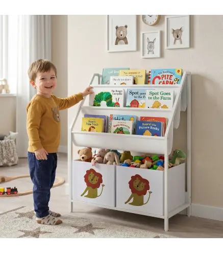 Librería Infantil de 4 Niveles Estantería para Libros con 3 Estantes 2 Cajones de Tela con Diseño de León Blanco
