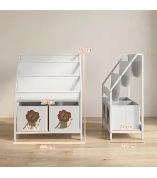 Librería Infantil de 4 Niveles Estantería para Libros con 3 Estantes 2 Cajones de Tela con Diseño de León Blanco