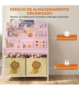 Librería Infantil de 4 Niveles Estantería para Libros con 3 Estantes 2 Cajones de Tela con Diseño de León Blanco