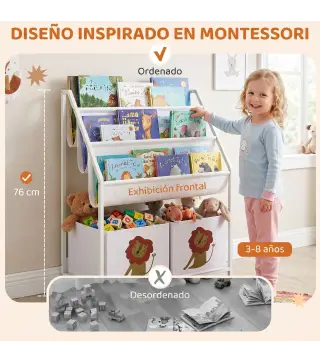Librería Infantil de 4 Niveles Estantería para Libros con 3 Estantes 2 Cajones de Tela con Diseño de León Blanco