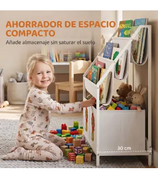Librería Infantil de 4 Niveles Estantería para Libros con 3 Estantes 2 Cajones de Tela con Diseño de León Blanco