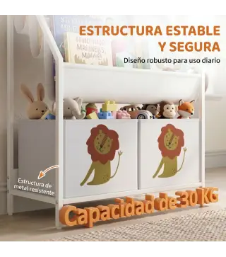 Librería Infantil de 4 Niveles Estantería para Libros con 3 Estantes 2 Cajones de Tela con Diseño de León Blanco