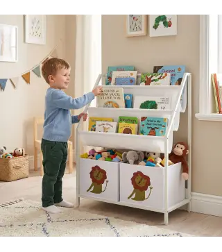 Librería Infantil de 4 Niveles Estantería para Libros con 3 Estantes 2 Cajones de Tela con Diseño de León Blanco