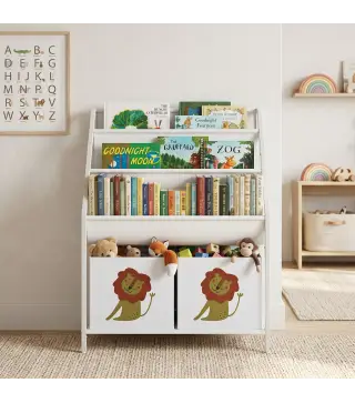 Librería Infantil de 4 Niveles Estantería para Libros con 3 Estantes 2 Cajones de Tela con Diseño de León Blanco