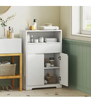 Armario de Baño Estrecho con Cajón con Frontal Acanalado Estante Abierto y Estante Ajustable 60x30x91,5 cm Blanco