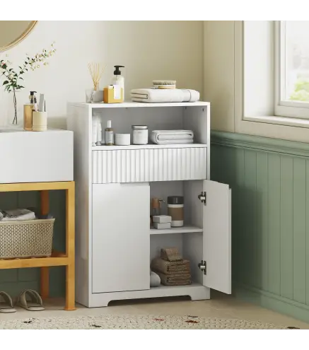 Armario de Baño Estrecho con Cajón con Frontal Acanalado Estante Abierto y Estante Ajustable 60x30x91,5 cm Blanco