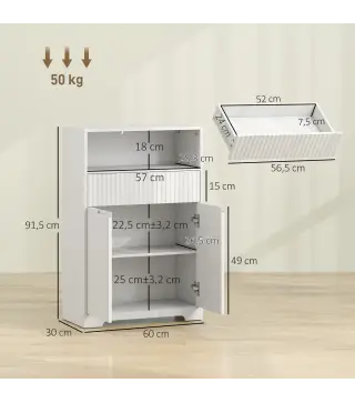 Armario de Baño Estrecho con Cajón con Frontal Acanalado Estante Abierto y Estante Ajustable 60x30x91,5 cm Blanco