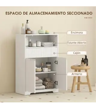 Armario de Baño Estrecho con Cajón con Frontal Acanalado Estante Abierto y Estante Ajustable 60x30x91,5 cm Blanco