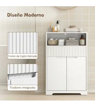 Armario de Baño Estrecho con Cajón con Frontal Acanalado Estante Abierto y Estante Ajustable 60x30x91,5 cm Blanco