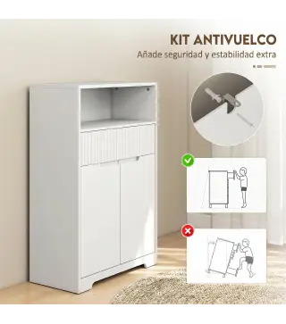 Armario de Baño Estrecho con Cajón con Frontal Acanalado Estante Abierto y Estante Ajustable 60x30x91,5 cm Blanco