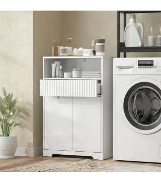 Armario de Baño Estrecho con Cajón con Frontal Acanalado Estante Abierto y Estante Ajustable 60x30x91,5 cm Blanco