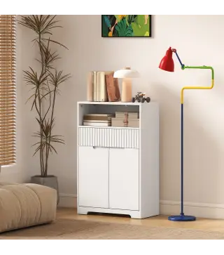 Armario de Baño Estrecho con Cajón con Frontal Acanalado Estante Abierto y Estante Ajustable 60x30x91,5 cm Blanco