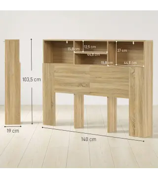 Cabecero de Cama 140 cm con Almacenaje Cabezal de Cama con 4 Compartimentos Abiertos para Dormitorio Roble