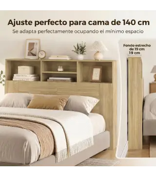 Cabecero de Cama 140 cm con Almacenaje Cabezal de Cama con 4 Compartimentos Abiertos para Dormitorio Roble