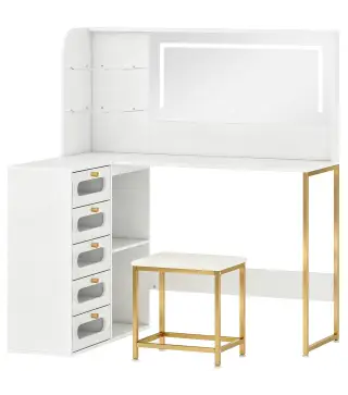 Tocador de Maquillaje con Espejo Luces LED Taburete 5 Cajones 2 Compartimentos y 2 Estantes de Cristal Blanco