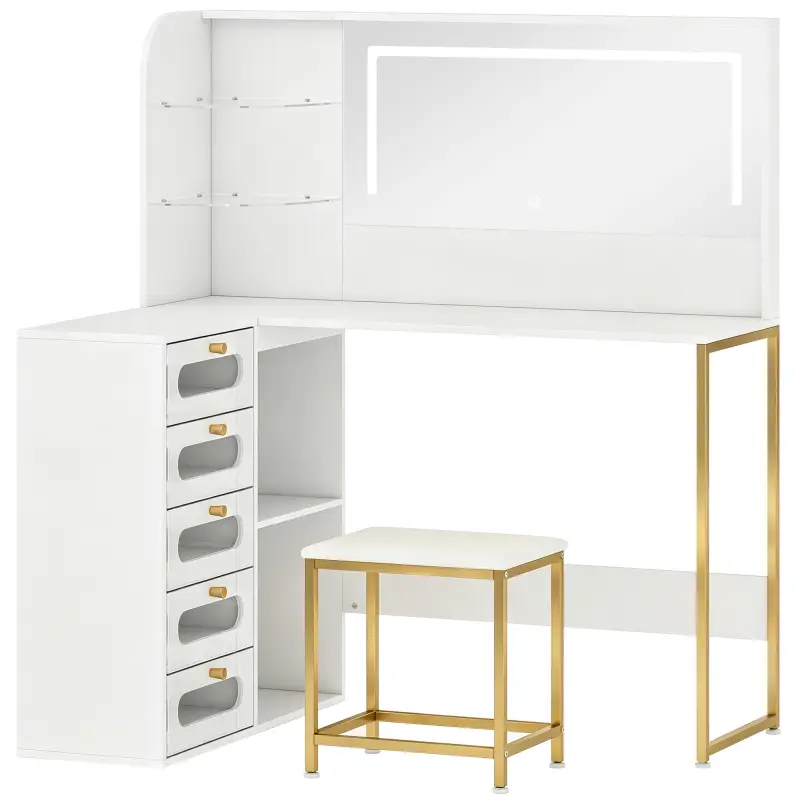 Tocador de Maquillaje con Espejo Luces LED Taburete 5 Cajones 2 Compartimentos y 2 Estantes de Cristal Blanco Tocador de Maquillaje con Espejo Luces LED Taburete 5 Cajones 2 Compartimentos y 2 Estantes de Cristal Blanco