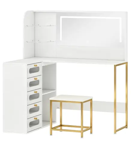 Tocador de Maquillaje con Espejo Luces LED Taburete 5 Cajones 2 Compartimentos y 2 Estantes de Cristal Blanco