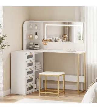 Tocador de Maquillaje con Espejo Luces LED Taburete 5 Cajones 2 Compartimentos y 2 Estantes de Cristal Blanco