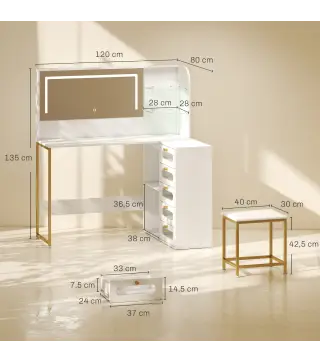 Tocador de Maquillaje con Espejo Luces LED Taburete 5 Cajones 2 Compartimentos y 2 Estantes de Cristal Blanco