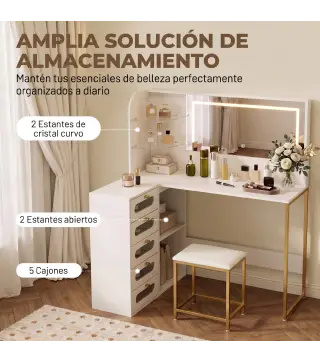 Tocador de Maquillaje con Espejo Luces LED Taburete 5 Cajones 2 Compartimentos y 2 Estantes de Cristal Blanco