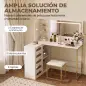 Tocador de Maquillaje con Espejo Luces LED Taburete 5 Cajones 2 Compartimentos y 2 Estantes de Cristal Blanco Tocador de Maquillaje con Espejo Luces LED Taburete 5 Cajones 2 Compartimentos y 2 Estantes de Cristal Blanco