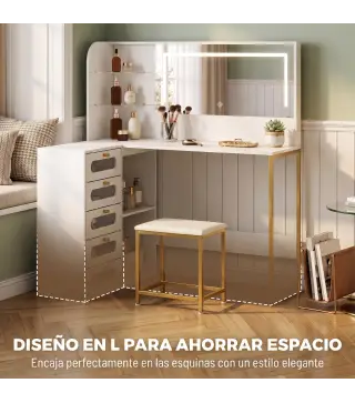 Tocador de Maquillaje con Espejo Luces LED Taburete 5 Cajones 2 Compartimentos y 2 Estantes de Cristal Blanco