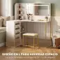 Tocador de Maquillaje con Espejo Luces LED Taburete 5 Cajones 2 Compartimentos y 2 Estantes de Cristal Blanco Tocador de Maquillaje con Espejo Luces LED Taburete 5 Cajones 2 Compartimentos y 2 Estantes de Cristal Blanco