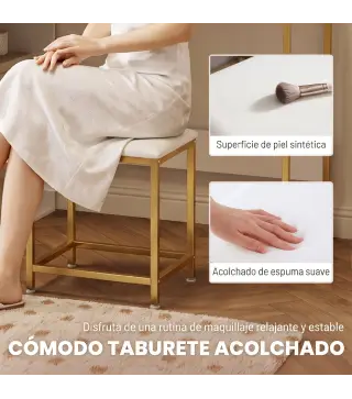 Tocador de Maquillaje con Espejo Luces LED Taburete 5 Cajones 2 Compartimentos y 2 Estantes de Cristal Blanco
