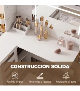 Tocador de Maquillaje con Espejo Luces LED Taburete 5 Cajones 2 Compartimentos y 2 Estantes de Cristal Blanco
