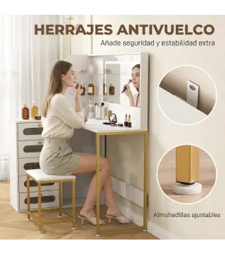 Tocador de Maquillaje con Espejo Luces LED Taburete 5 Cajones 2 Compartimentos y 2 Estantes de Cristal Blanco