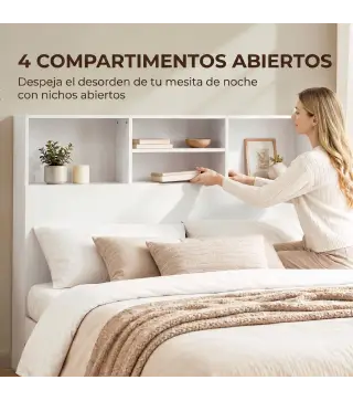 Cabecero de Cama 140 cm con Almacenaje Cabezal de Cama con 4 Compartimentos Abiertos para Dormitorio Blanco