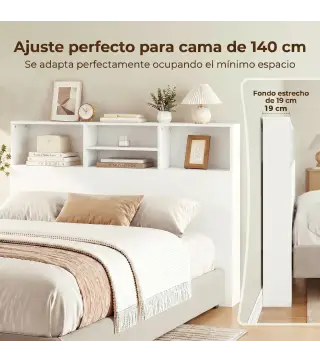 Cabecero de Cama 140 cm con Almacenaje Cabezal de Cama con 4 Compartimentos Abiertos para Dormitorio Blanco