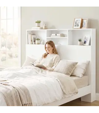 Cabecero de Cama 140 cm con Almacenaje Cabezal de Cama con 4 Compartimentos Abiertos para Dormitorio Blanco